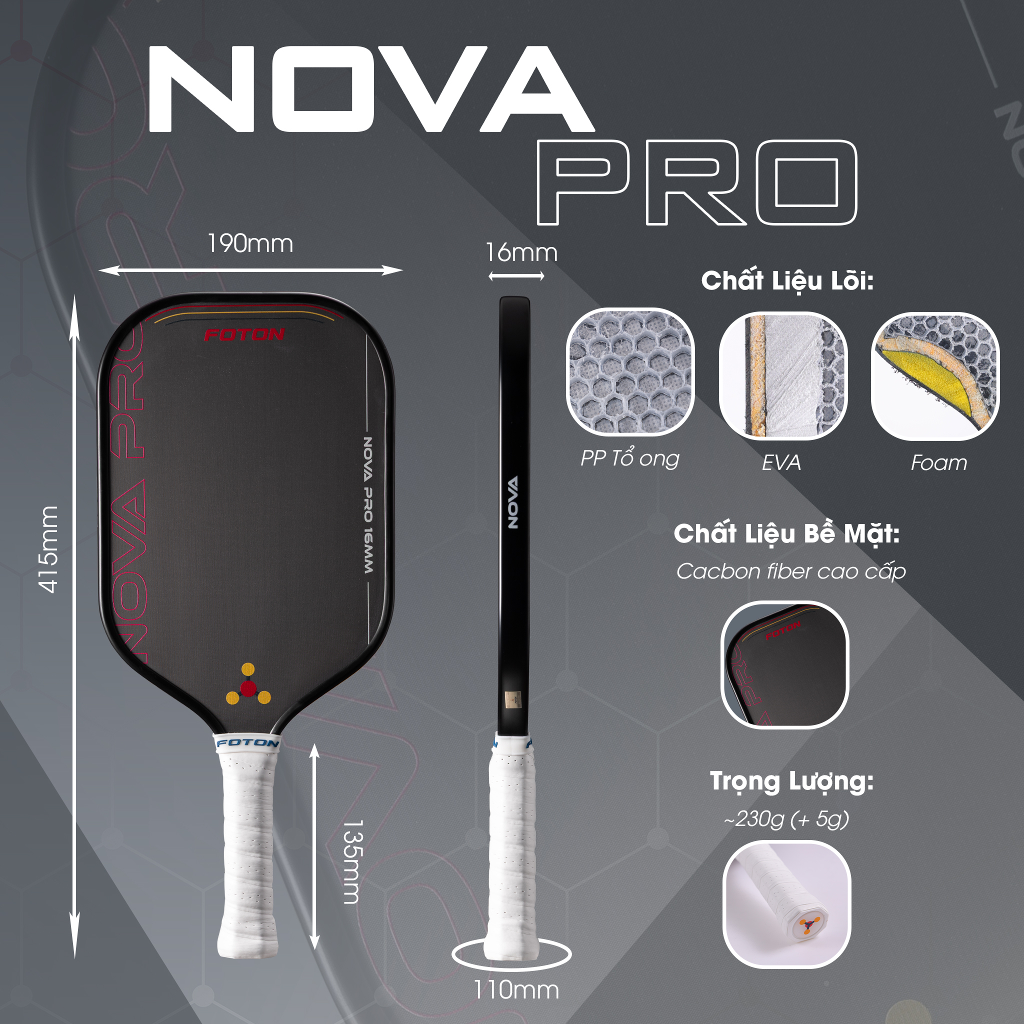 Vợt Pickleball Foton Nova Pro Carbon Fiber 16mm – Dành Cho Người Chơi Thi Đấu Chuyên Nghiệp